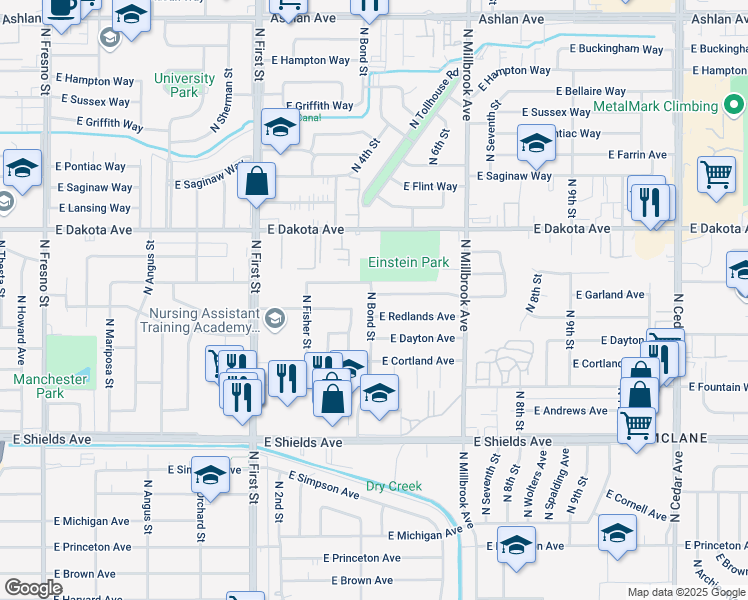 map of restaurants, bars, coffee shops, grocery stores, and more near 3422 East Fedora Avenue in Fresno