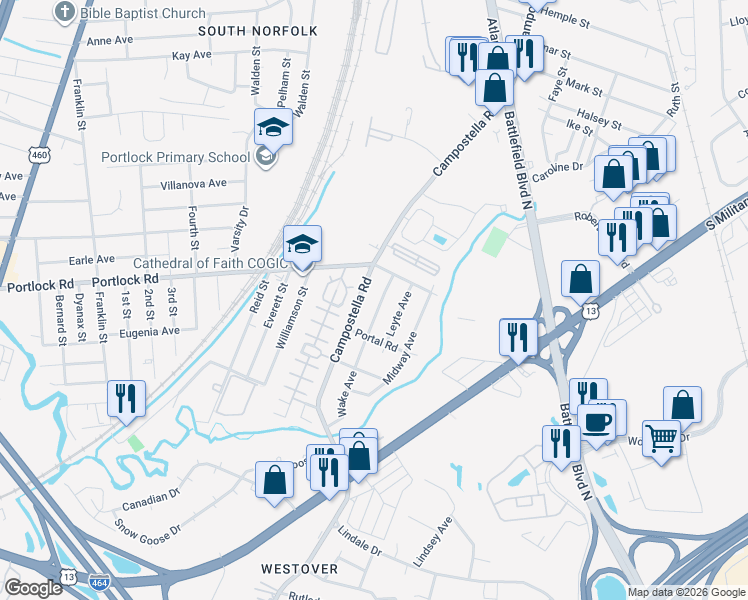 map of restaurants, bars, coffee shops, grocery stores, and more near 4106 Wake Avenue in Chesapeake