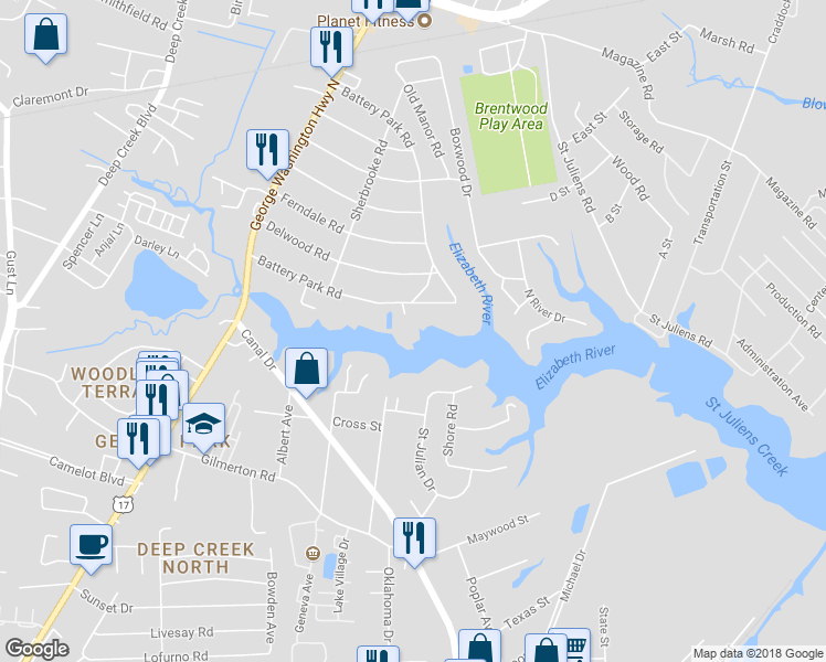 map of restaurants, bars, coffee shops, grocery stores, and more near 1105 Battery Circle in Chesapeake
