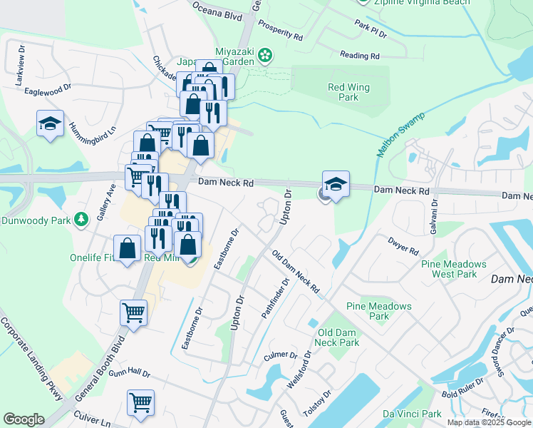 map of restaurants, bars, coffee shops, grocery stores, and more near 1617 Cottenham Lane in Virginia Beach