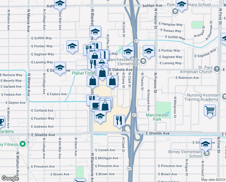 map of restaurants, bars, coffee shops, grocery stores, and more near 3690 North Abby Street in Fresno