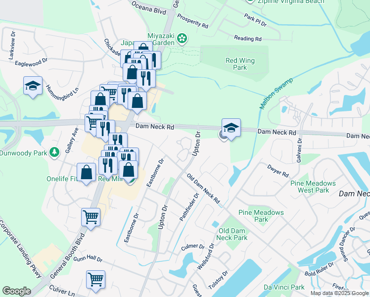 map of restaurants, bars, coffee shops, grocery stores, and more near 1605 Cottenham Lane in Virginia Beach