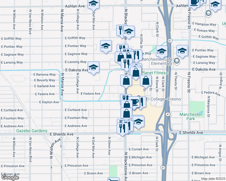 map of restaurants, bars, coffee shops, grocery stores, and more near 1521 East Fedora Avenue in Fresno