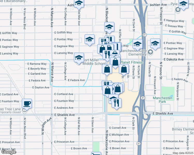 map of restaurants, bars, coffee shops, grocery stores, and more near 3655 North Blackstone Avenue in Fresno
