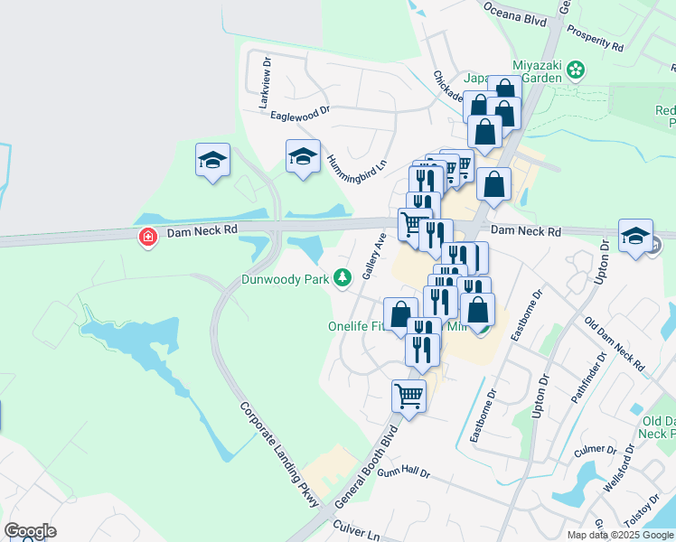 map of restaurants, bars, coffee shops, grocery stores, and more near 1216 Hubbell Drive in Virginia Beach
