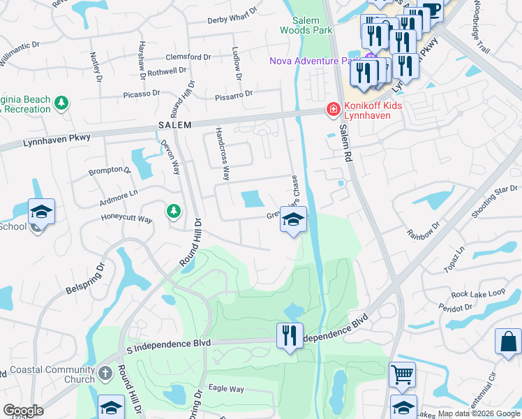 map of restaurants, bars, coffee shops, grocery stores, and more near 1713 Middleton Place in Virginia Beach
