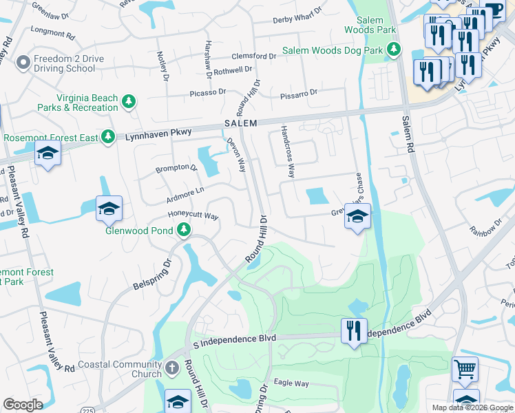 map of restaurants, bars, coffee shops, grocery stores, and more near 1669 Castlefield Road in Virginia Beach