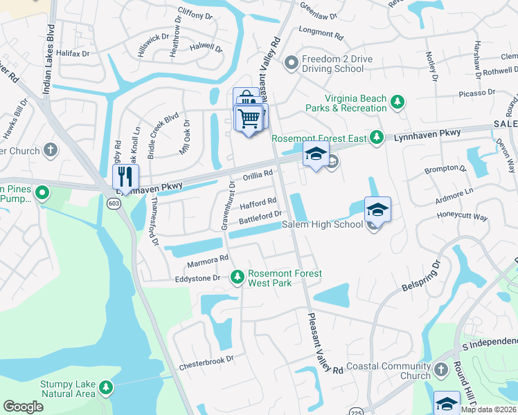 map of restaurants, bars, coffee shops, grocery stores, and more near 1317 Hafford Road in Virginia Beach