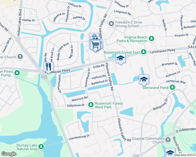 map of restaurants, bars, coffee shops, grocery stores, and more near 1317 Hafford Road in Virginia Beach