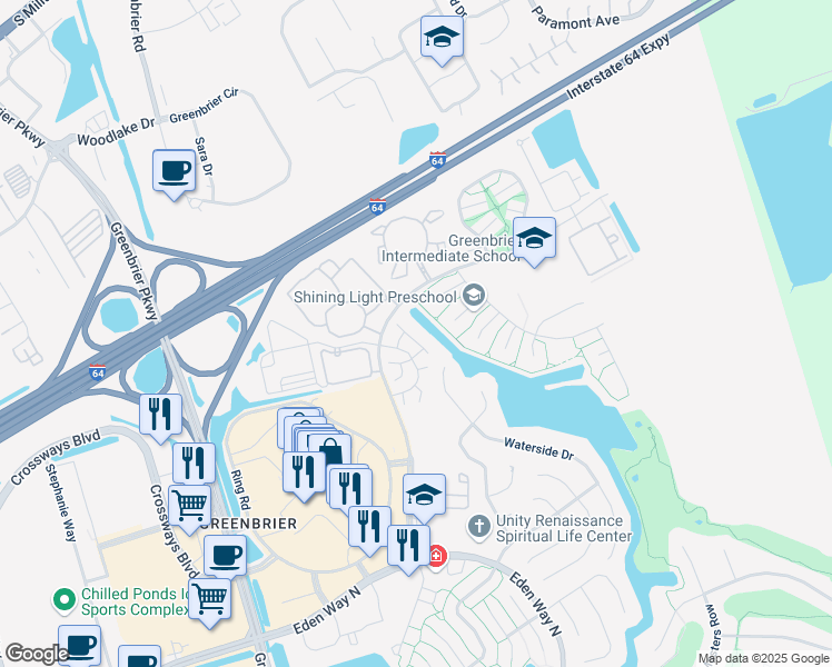 map of restaurants, bars, coffee shops, grocery stores, and more near 1729 Rock Bridge Mews in Chesapeake