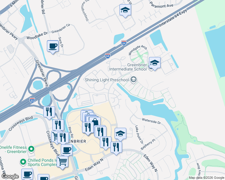 map of restaurants, bars, coffee shops, grocery stores, and more near 1725 Rock Bridge Mews in Chesapeake