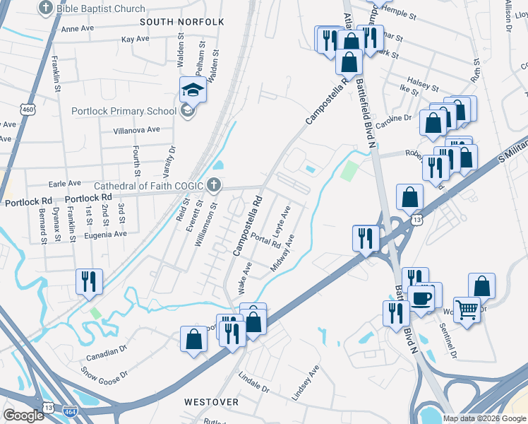 map of restaurants, bars, coffee shops, grocery stores, and more near 4106 Wake Avenue in Chesapeake