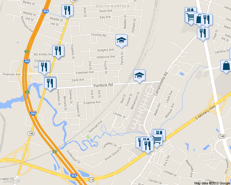 map of restaurants, bars, coffee shops, grocery stores, and more near 4115A Reid Street in Chesapeake