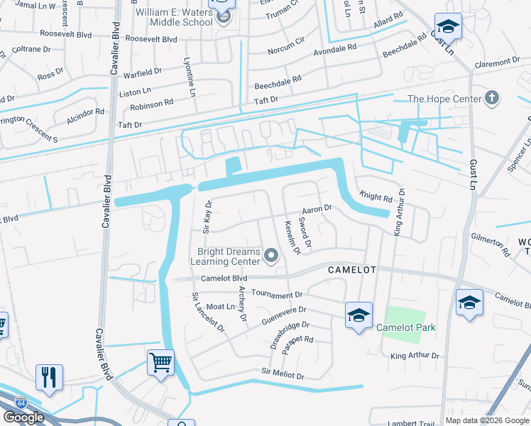 map of restaurants, bars, coffee shops, grocery stores, and more near 1204 Sir Galahad Drive in Chesapeake
