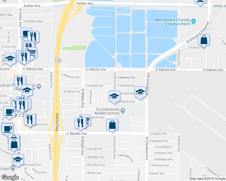 map of restaurants, bars, coffee shops, grocery stores, and more near 3677 North Sierra Vista Avenue in Fresno