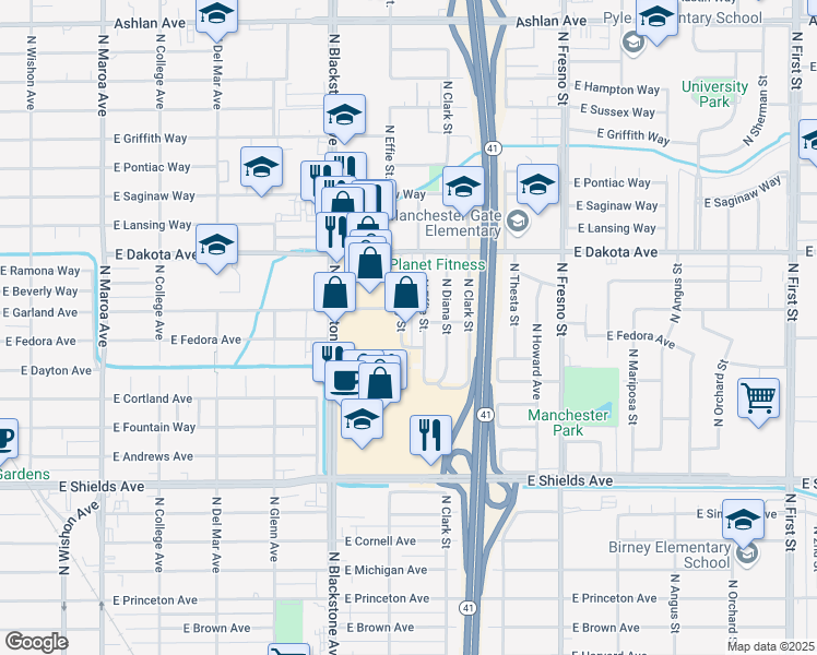 map of restaurants, bars, coffee shops, grocery stores, and more near 3692 North Abby Street in Fresno