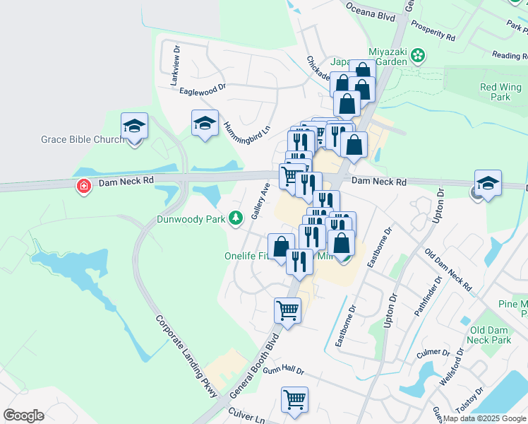map of restaurants, bars, coffee shops, grocery stores, and more near 1108 Vermilya Ct in Virginia Beach