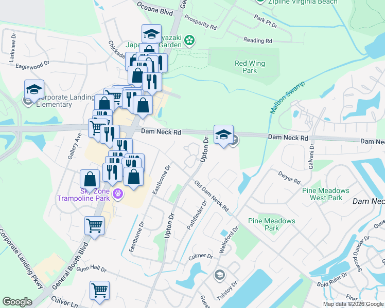 map of restaurants, bars, coffee shops, grocery stores, and more near 1613 Cottenham Lane in Virginia Beach