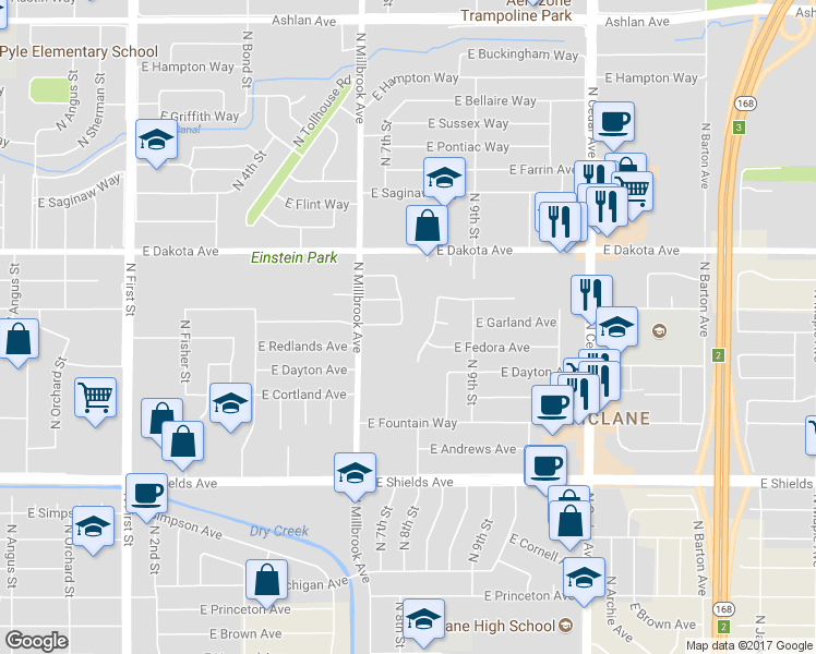 map of restaurants, bars, coffee shops, grocery stores, and more near 3654 North 7th Street in Fresno