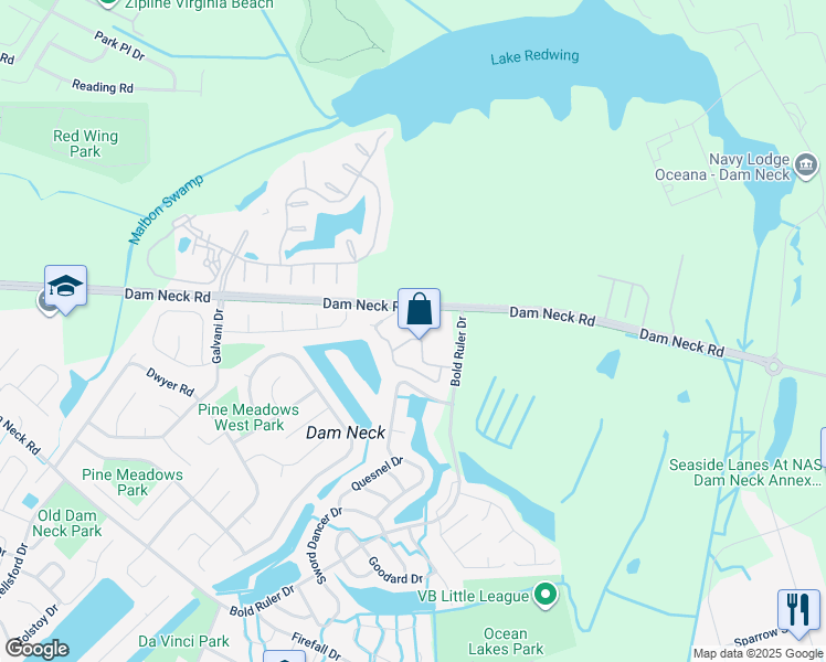 map of restaurants, bars, coffee shops, grocery stores, and more near 654 Ocean Lakes Drive in Virginia Beach