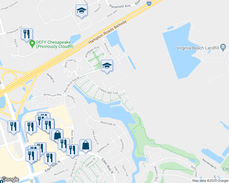 map of restaurants, bars, coffee shops, grocery stores, and more near 2208 Logans Mill Trail in Chesapeake