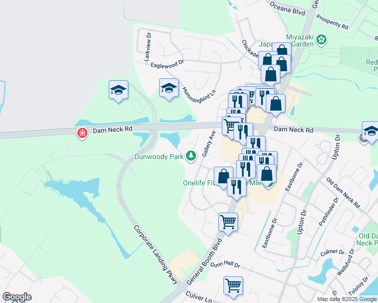 map of restaurants, bars, coffee shops, grocery stores, and more near 1216 Hubbell Drive in Virginia Beach
