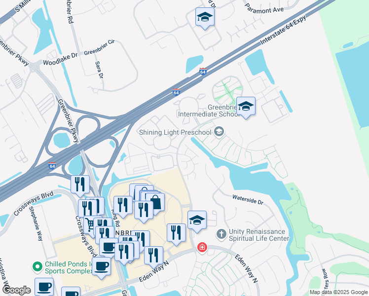 map of restaurants, bars, coffee shops, grocery stores, and more near 2208 Rock Cliff Reach in Chesapeake