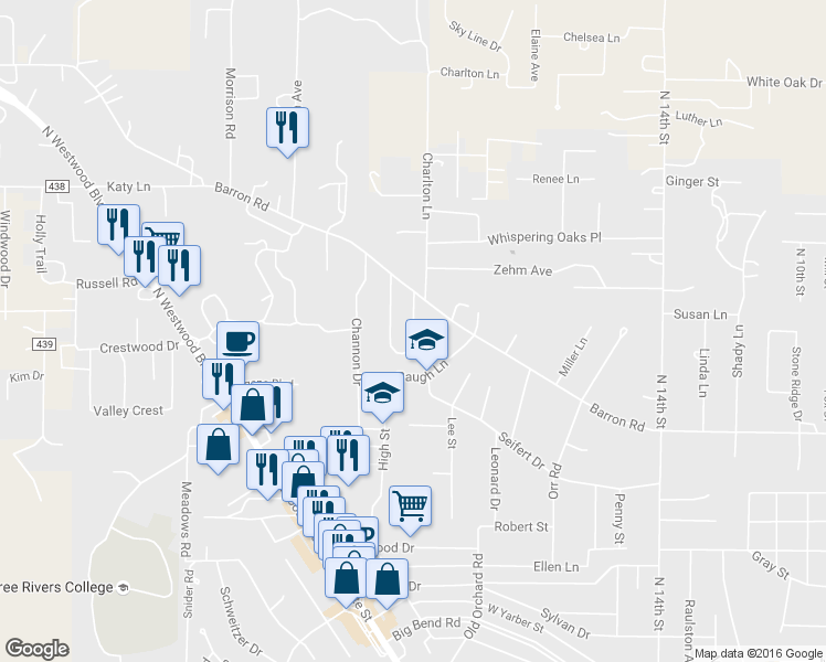 map of restaurants, bars, coffee shops, grocery stores, and more near 2421 Covington Meadows in Poplar Bluff