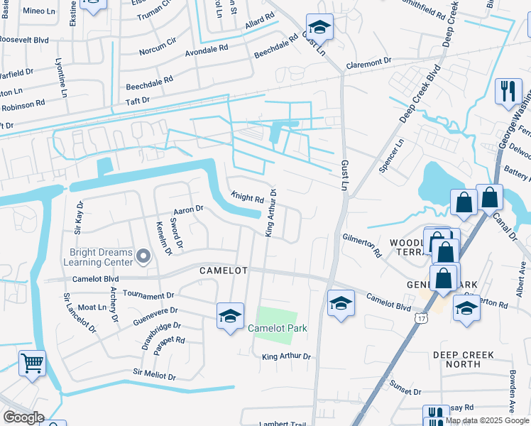 map of restaurants, bars, coffee shops, grocery stores, and more near 1216 King Arthur Drive in Chesapeake