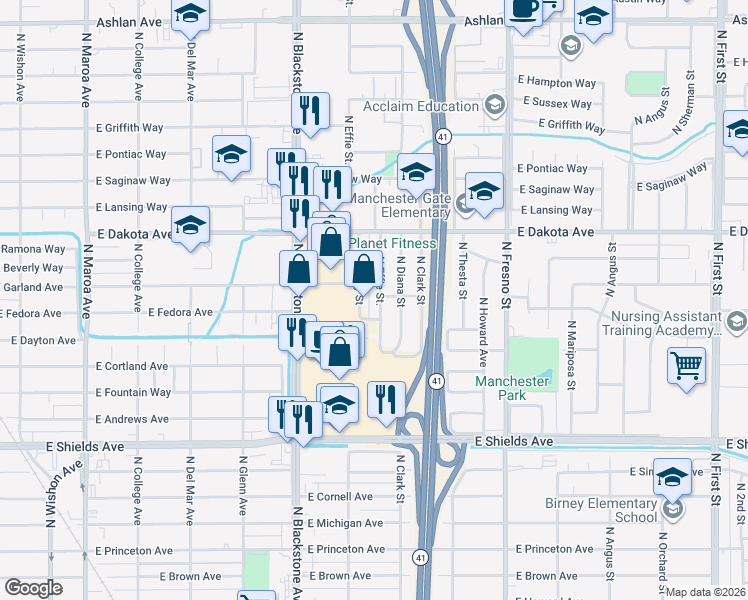 map of restaurants, bars, coffee shops, grocery stores, and more near 3691 North Effie Street in Fresno