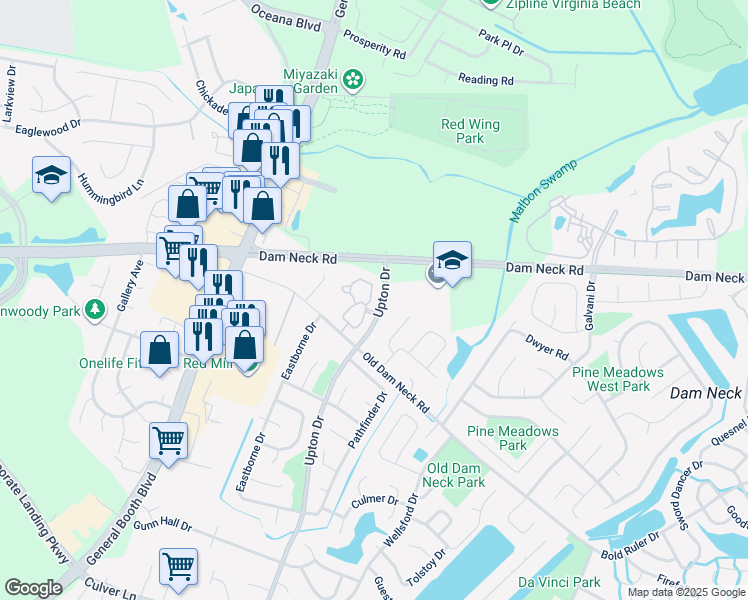 map of restaurants, bars, coffee shops, grocery stores, and more near 1736 Cottenham Lane in Virginia Beach