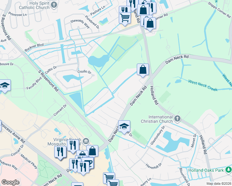map of restaurants, bars, coffee shops, grocery stores, and more near 1717 Vinedresser Way in Virginia Beach