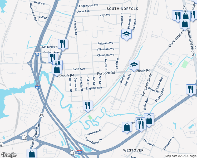map of restaurants, bars, coffee shops, grocery stores, and more near 4104 3rd Street in Chesapeake