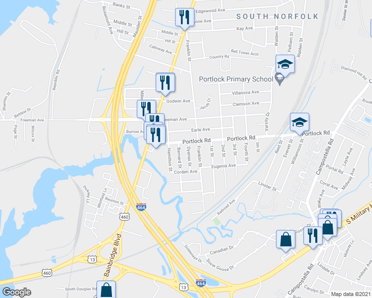 map of restaurants, bars, coffee shops, grocery stores, and more near 4100 Dyanax Street in Chesapeake