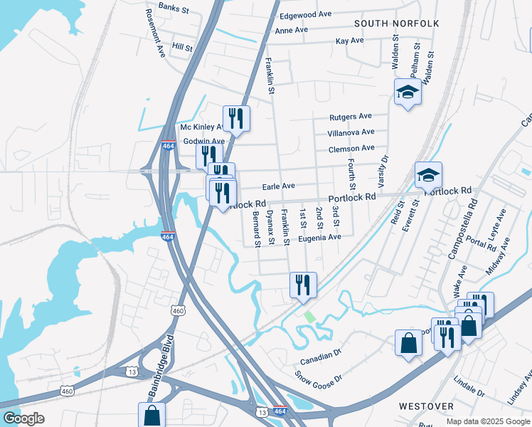 map of restaurants, bars, coffee shops, grocery stores, and more near 4100 Dyanax Street in Chesapeake