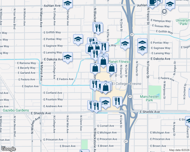 map of restaurants, bars, coffee shops, grocery stores, and more near 3668 North Blackstone Avenue in Fresno