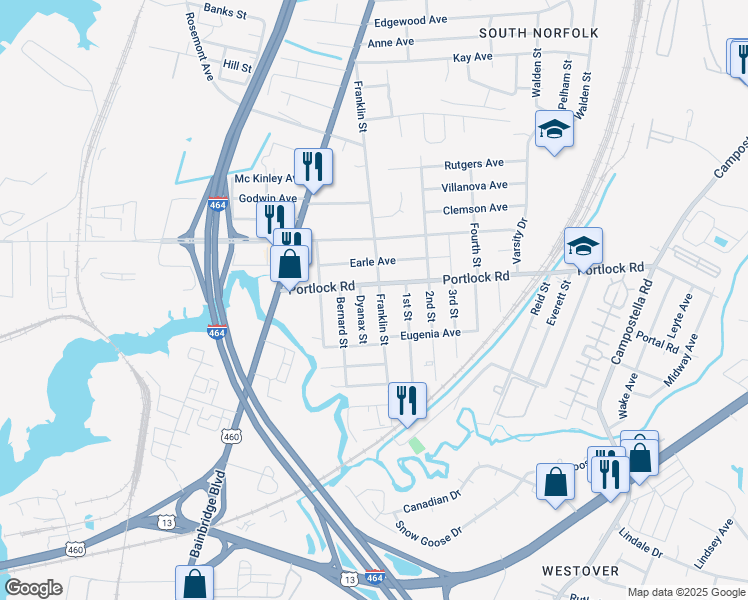 map of restaurants, bars, coffee shops, grocery stores, and more near 4102 Franklin Street in Chesapeake