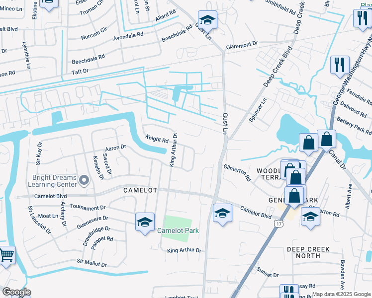 map of restaurants, bars, coffee shops, grocery stores, and more near 1221 Dragon Lane in Chesapeake
