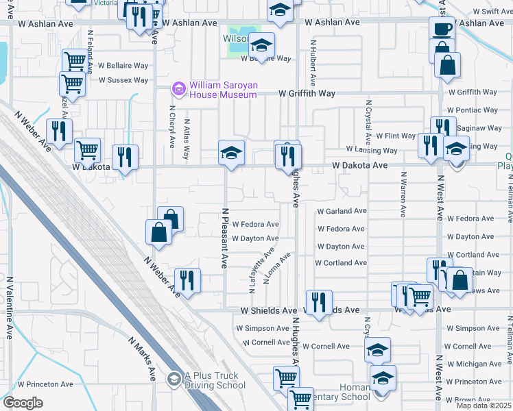 map of restaurants, bars, coffee shops, grocery stores, and more near 2320 West Garland Avenue in Fresno