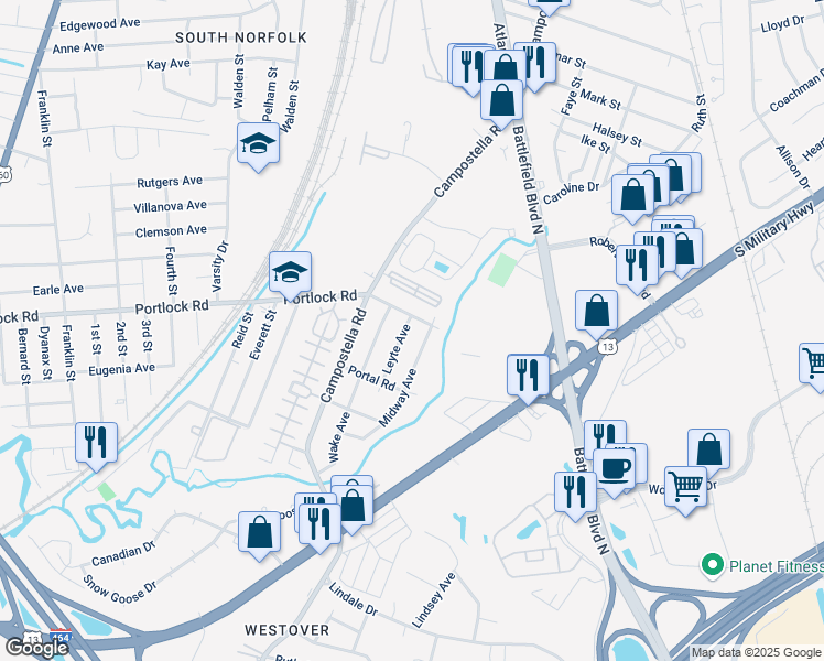 map of restaurants, bars, coffee shops, grocery stores, and more near 4103 Leyte Avenue in Chesapeake