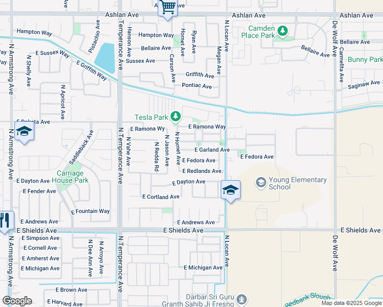 map of restaurants, bars, coffee shops, grocery stores, and more near 7385 East Garland Avenue in Fresno