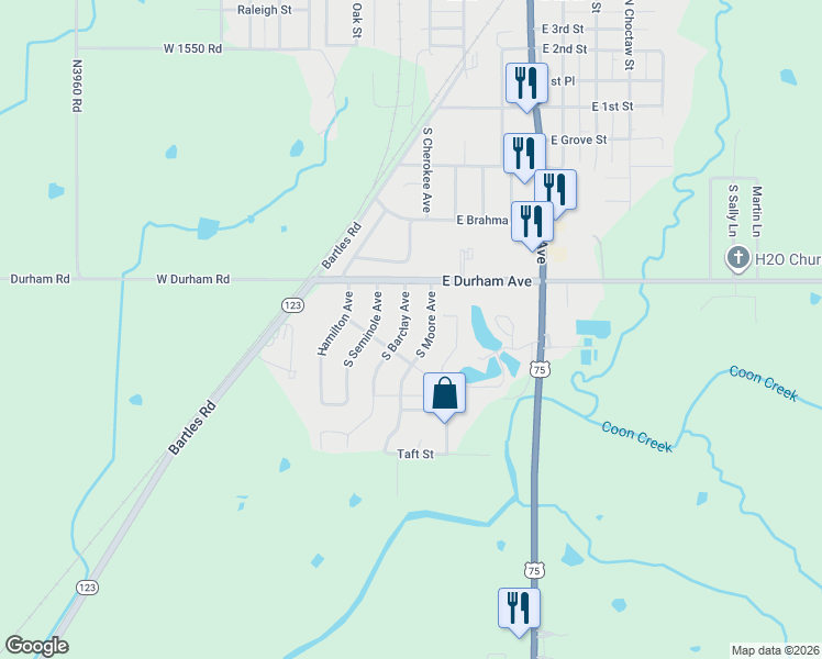 map of restaurants, bars, coffee shops, grocery stores, and more near 412 South Barclay Avenue in Dewey