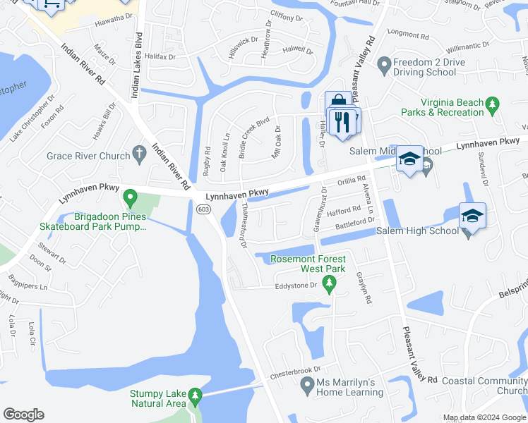 map of restaurants, bars, coffee shops, grocery stores, and more near 1300 Millington Court in Virginia Beach