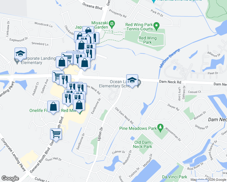 map of restaurants, bars, coffee shops, grocery stores, and more near 1605 Cottenham Lane in Virginia Beach