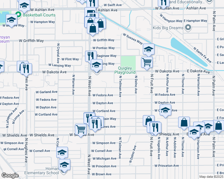 map of restaurants, bars, coffee shops, grocery stores, and more near 1003 West Garland Avenue in Fresno