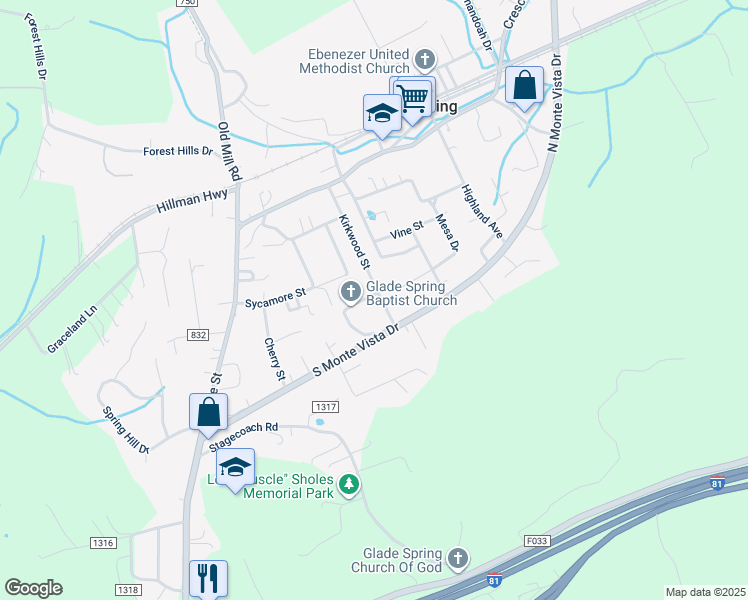 map of restaurants, bars, coffee shops, grocery stores, and more near 262 Kirkwood Street in Glade Spring