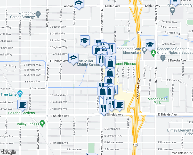 map of restaurants, bars, coffee shops, grocery stores, and more near 3655 North Blackstone Avenue in Fresno
