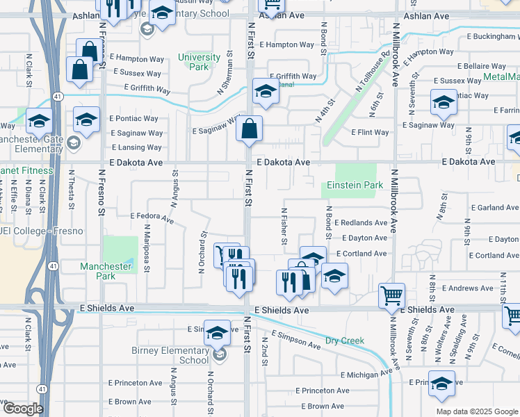 map of restaurants, bars, coffee shops, grocery stores, and more near 3225 East Redlands Avenue in Fresno