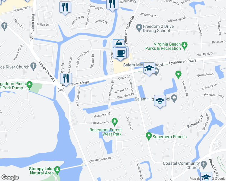 map of restaurants, bars, coffee shops, grocery stores, and more near 1366 Hafford Road in Virginia Beach