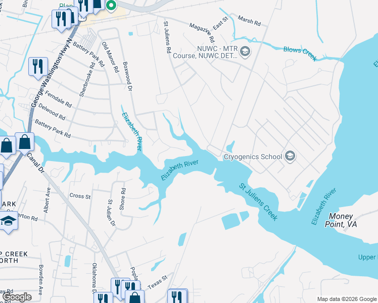 map of restaurants, bars, coffee shops, grocery stores, and more near 1200 North River Drive in Chesapeake